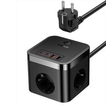 Мережевий зарядний пристрій Baseus PowerCombo Cube Power Strip 3AC+2U+2C 30W 1.5m EU Cluster Black (E00066400117-00) KOS-6324 фото