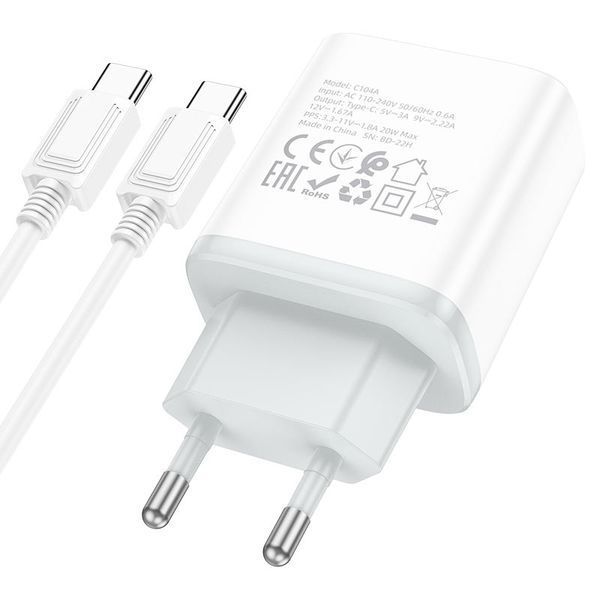 Мережевий зарядний пристрій з кабелем HOCO Stage single port charger set (Type-C to Type-C) (EU) White ( ) KOS-7452 фото
