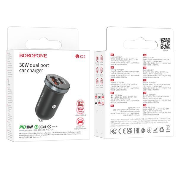 Автомобільний зарядний пристрій BOROFONE BZ22 Scenery dual port PD30W+QC3.0 car charger Black (6941991105180) KOS-25713 фото