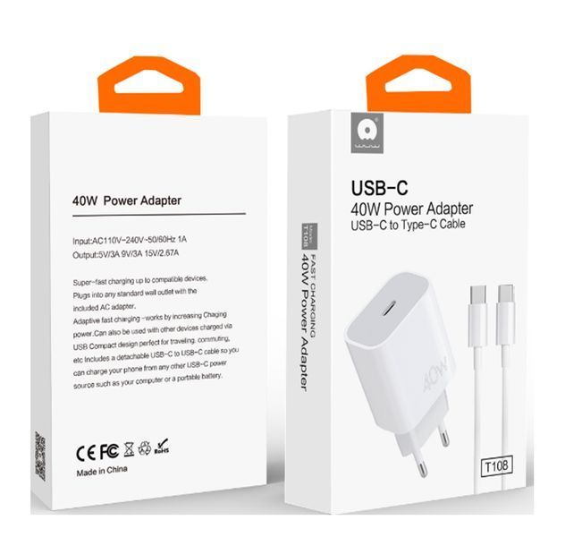 Мережевий зарядний пристрій з кабелем WUW-T108 PD 40W charger with C-C cable (6978749570358) KOS-37730 фото