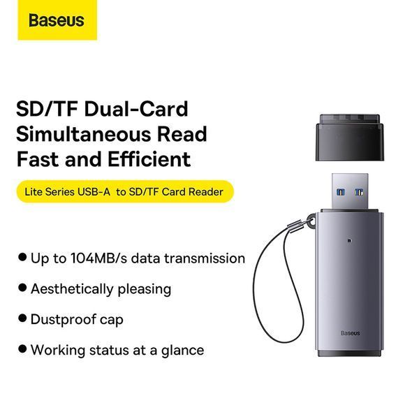 Кардрідер Baseus Lite Series USB-A to SD/TF Card Reader Grey (WKQX060013) KOS-2743 фото