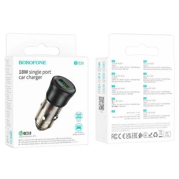 Автомобільний зарядний пристрій BOROFONE BZ23 Noble single-port QC3.0 car charger Transparent Black (6941991106903) KOS-6149 фото