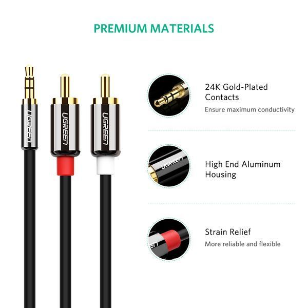 Аудіокабель UGREEN AV116 3.5mm Male to 2RCA Male Cable 2m Black (UGR-10584) KOS-34482 фото