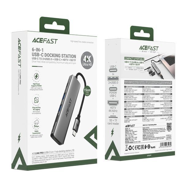 USB-хаб ACEFAST J18 USB-C 6-in-1 HUB docking station Metal Gray (6974316285939) KOS-37410 фото