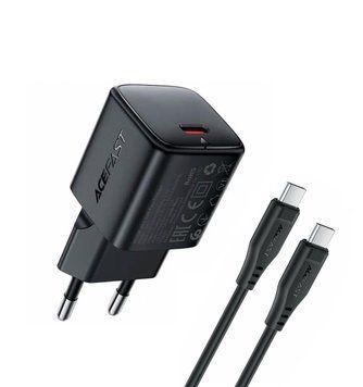 Мережевий зарядний пристрій з кабелем ACEFAST A117 PD20W mini GaN fast charger set(P16),black Black (6974316286509) KOS-37424 фото