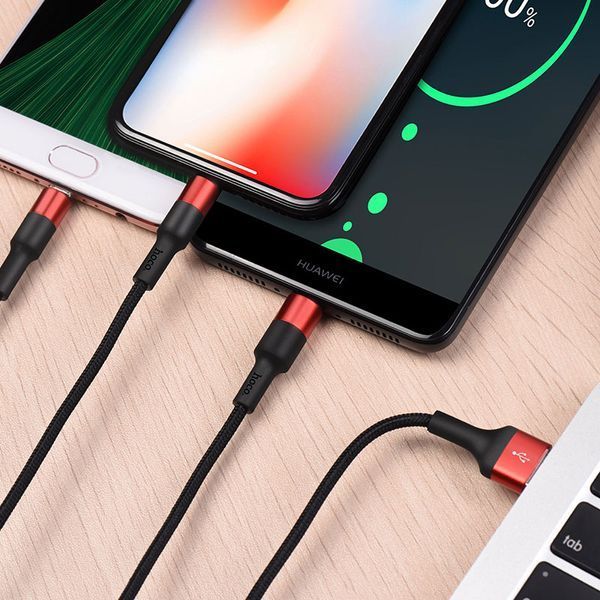 Кабель HOCO X26 Xpress one pull three charging cable iP+Micro+Type-C Black+Red (6957531080282) KOS-11233 фото