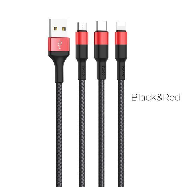 Кабель HOCO X26 Xpress one pull three charging cable iP+Micro+Type-C Black+Red (6957531080282) KOS-11233 фото