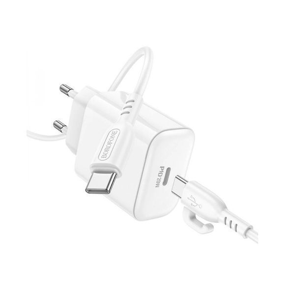 Мережевий зарядний пристрій з кабелем BOROFONE BA81A single port PD20W charger set (Type-C to Type-C) (EU) White (6941991108204) KOS-7997 фото