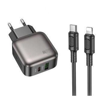 Мережевий зарядний пристрій з кабелем BOROFONE BAS54A Absolute PD20W+QC3.0 charger set (C to iP) (EU) Black (6941991116216) KOS-5943 фото