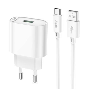Мережевий зарядний пристрій з кабелем HOCO C109A Fighter single port QC3.0 charger set(Type-C) White (6931474784834) KOS-230 фото