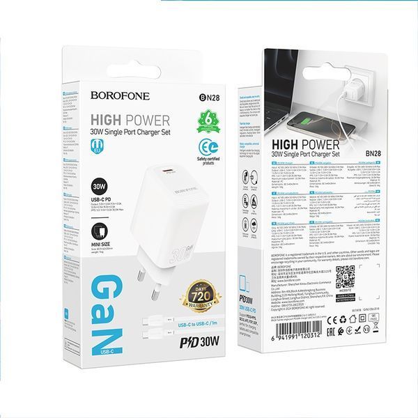 Мережевий зарядний пристрій з кабелем BOROFONE BN28 Fuente single port PD30W charger set (C to C) (EU) White (6941991120312) KOS-5281 фото