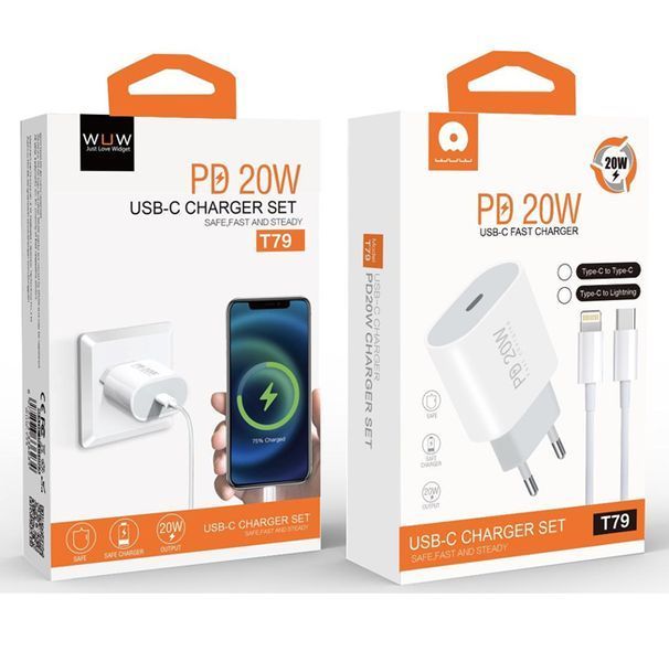 Мережевий зарядний пристрій з кабелем WUW-T79L PD 20W USB C charger with type c to type c cable (T79CL) KOS-38430 фото