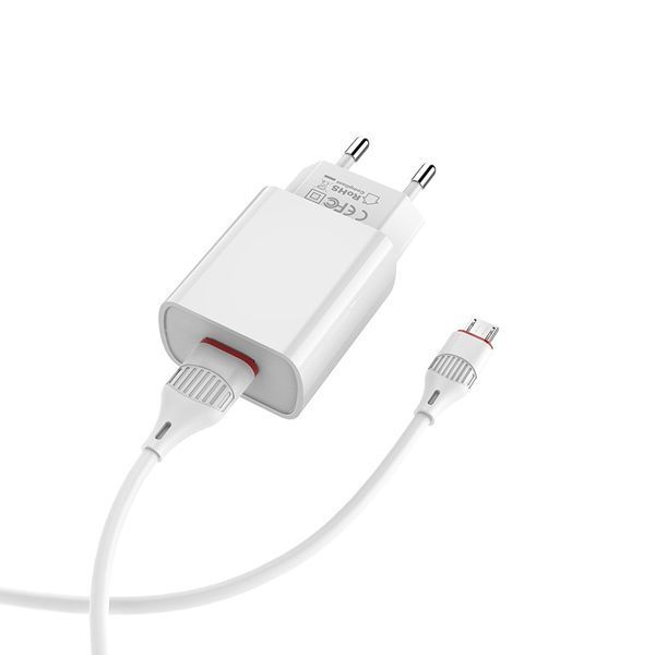 Мережевий зарядний пристрій з кабелем BOROFONE BA20A Sharp single port charger set(Micro) 10.5W White (6931474700735) KOS-13738 фото