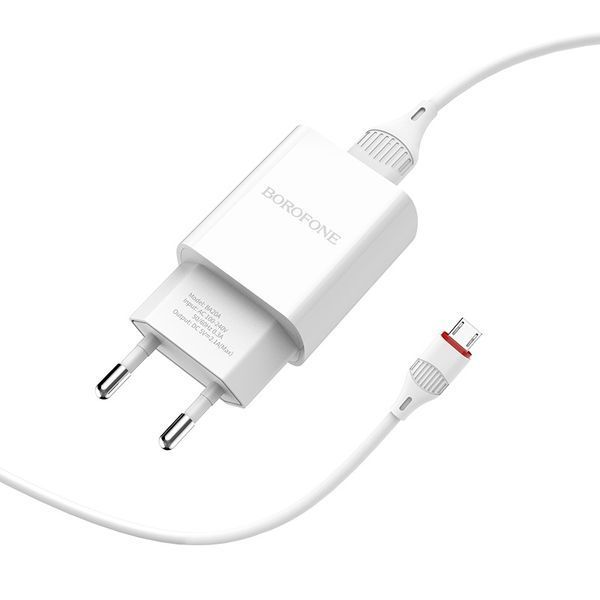 Мережевий зарядний пристрій з кабелем BOROFONE BA20A Sharp single port charger set(Micro) 10.5W White (6931474700735) KOS-13738 фото