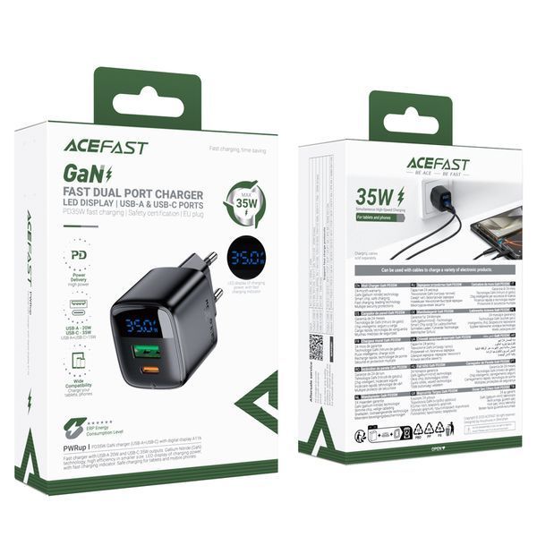 Мережевий зарядний пристрій ACEFAST A116 PD35W GaN charger (USB-A+USB-C) with digital display Black (6974316284468) KOS-34591 фото