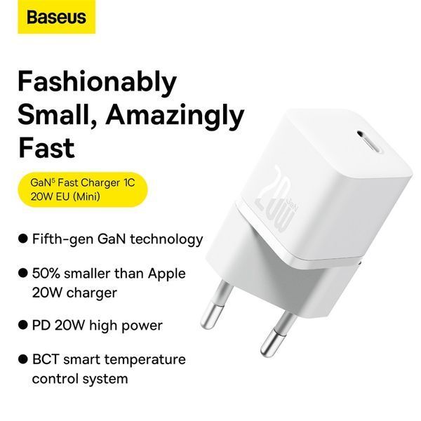 Мережевий зарядний пристрій Baseus GaN5 Fast Charger(mini) 1C 20W EU White (CCGN050102) KOS-6103 фото