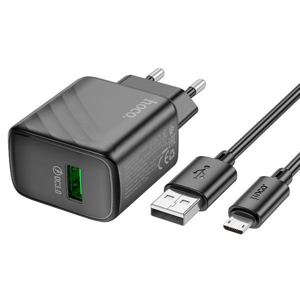 Мережевий зарядний пристрій з кабелем HOCO CS21A Rich single port QC3.0 charger set(Micro)(EU) Black (6942007609890) KOS-8161 фото