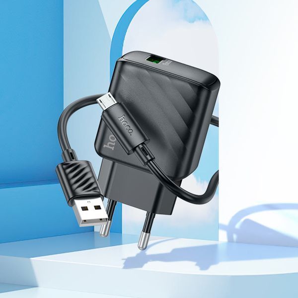 Мережевий зарядний пристрій з кабелем HOCO CS21A Rich single port QC3.0 charger set(Micro)(EU) Black (6942007609890) KOS-8161 фото
