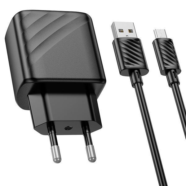 Мережевий зарядний пристрій з кабелем HOCO CS21A Rich single port QC3.0 charger set(Micro)(EU) Black (6942007609890) KOS-8161 фото