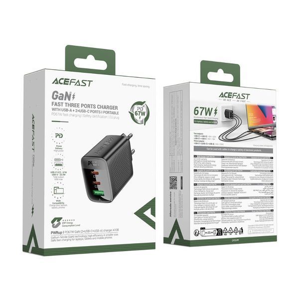 Мережевий зарядний пристрій ACEFAST A108 PD67W GaN (2*USB-C+USB-A) charger Black (6974316284048) KOS-34593 фото
